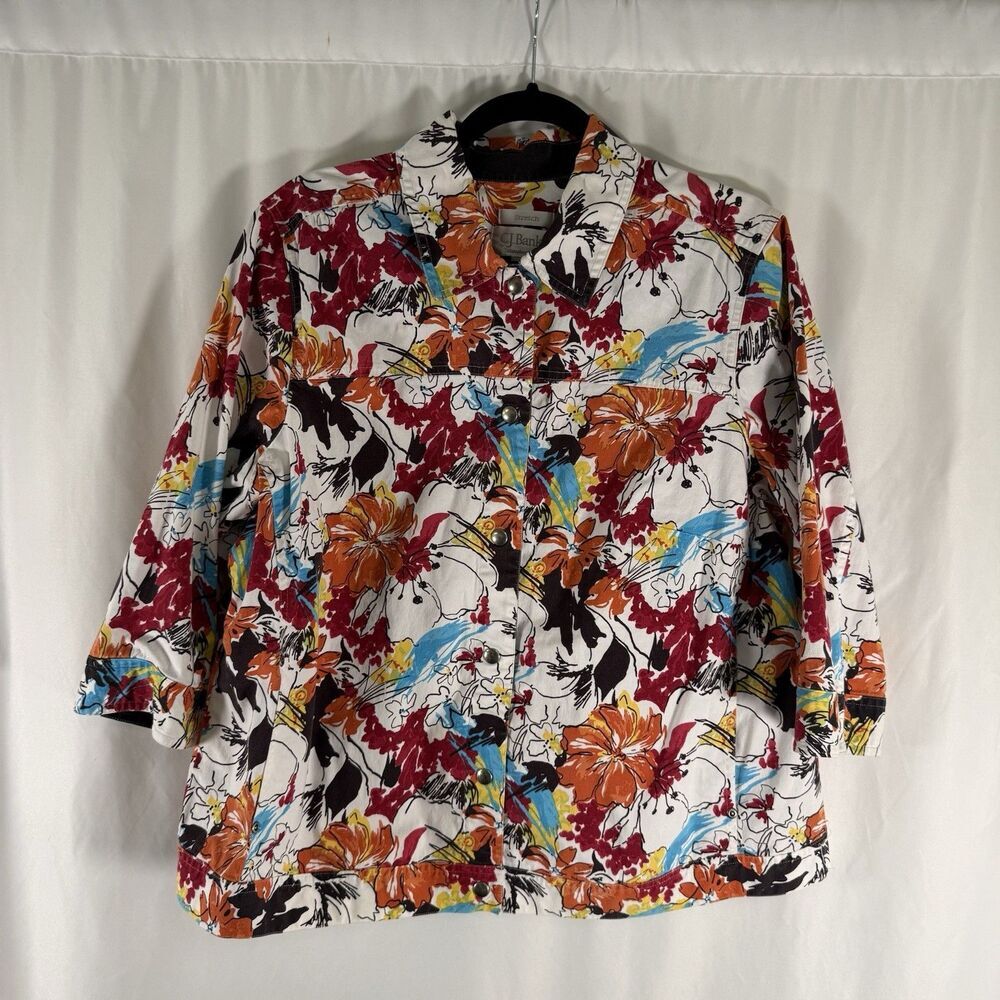 CJ Banks Twill Jacket Women's 1X Floral 3/4 Sleeve Button Up Collared Stretch
